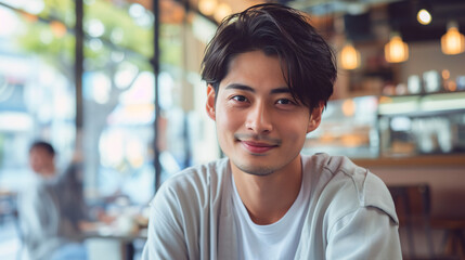 カフェで微笑む日本人男性