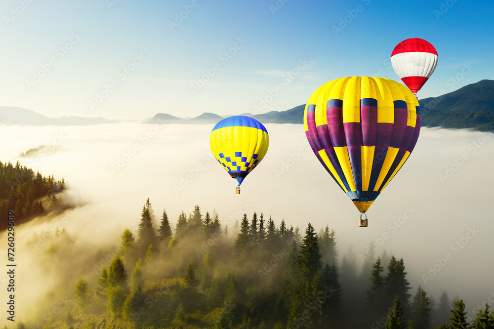 Canvas Prints Hot air balloons flying over foggy mountains