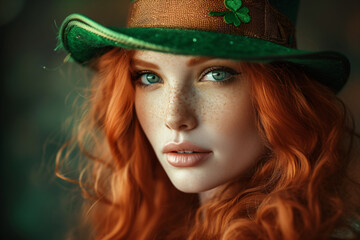 Beautiful smiling leprechaun redhaired girl wearing green lucky hat on green background with shamrock leaves. Young women with beer celebrating St. Patrick's Day. Leprechaun cap