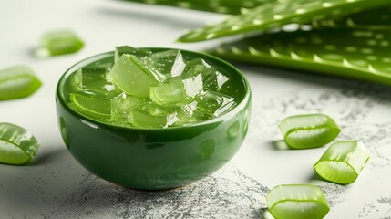 Obraz premium Nourishing aloe vera gel or beauty cream with fresh pieces of the plant. Pot of natural aloe vera emanating a revitalizing sensation.