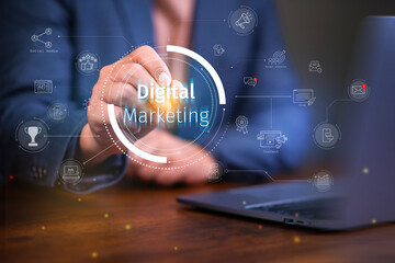 Digital marketing concept, businessman using laptop with Digital marketing on virtual screen display, online marketing, social, online.