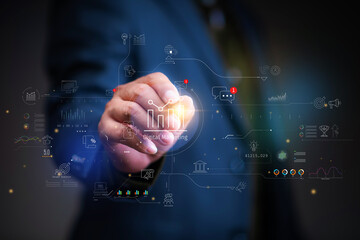 Digital marketing concept, businessman using laptop with Digital marketing on virtual screen display, online marketing, social, online.