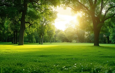 lush green field with trees, in the style of lens flares, environmental awareness