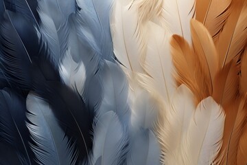 Abstract background of multicolored feathers, close-up photo