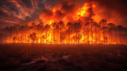 森林火災、黒煙を上げて森を焼く炎