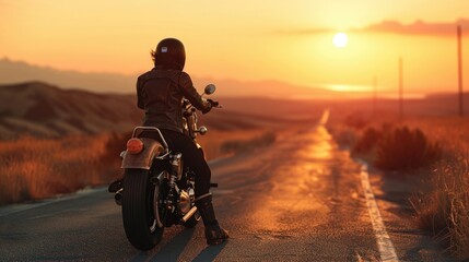 Obraz na płótnie Canvas Lone Wolf A lone biker on the open road, donning a worn leather jacket, an oldschool motorcycle helmet, and a vintage motorcycle with sunset hues in the background.