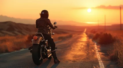 Foto op Plexiglas Lone Wolf A lone biker on the open road, donning a worn leather jacket, an oldschool motorcycle helmet, and a vintage motorcycle with sunset hues in the background. © Justlight