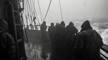 A group of seafarers huddle together on a deck bracing against strong winds and heavy rain while trying to secure grain cargoes in the midst of a storm.