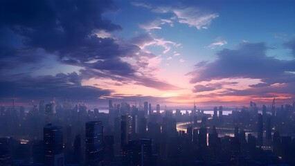 A panoramic view of a city skyline at dusk