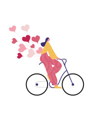 Cute happy young woman on bike. Smiling female bicyclist. Flat cartoon colorful vector illustration.