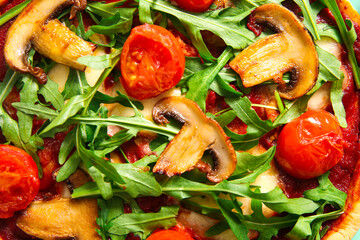 Tasty pizza with tomatoes and mushrooms, closeup - obrazy, fototapety, plakaty