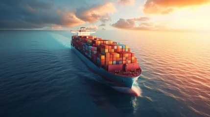 Fotobehang A container ship bound for distant shores laden with precious cargo struggles to find enough available containers to meet its needs. © Justlight