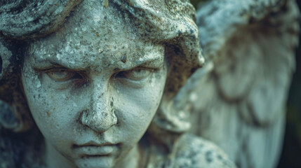 The grimacing face of a Gothic angel statue exudes an air of mystery and foreboding its eyes seeming to follow you wherever you go. - obrazy, fototapety, plakaty