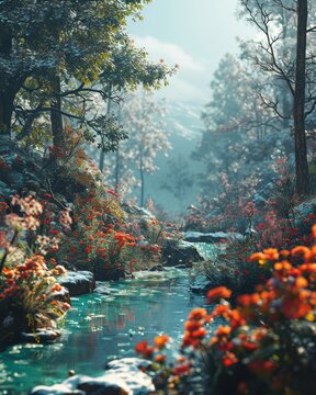 a beautiful amazing river that passing through a green jungle in a sunny hazy morning, red rose flowers and plants, wonderful forest painting,  watercolor of a autumn scene, AI Generated.