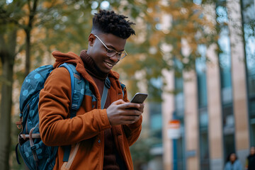 young africanamerican male student looking at his phone 