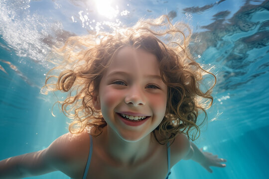 Portrait of a cute little girl swimming underwater. Underwater kid portrait in motion. Generative AI