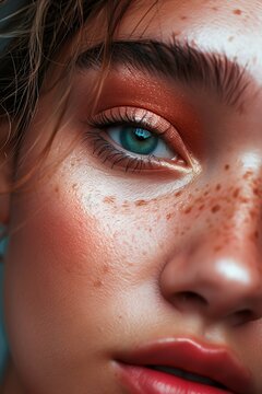 A close up selfie portrait of half of a petite girl, young and fashion, beautiful goddess woman looking at camera with her blue eyes, make up and cosmetics, soft skin sexy lady, AI Generated