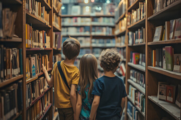 children at a bookshelf in bookstore