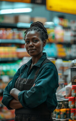 Fototapeta premium A friendly female supermarket staff with smiling