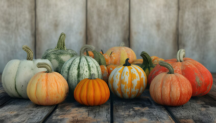 colorful pumpkins, squashes on a wooden surface
