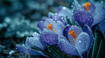 Delicate blue crocuses glistening with raindrops, their vibrant colors reflecting in the...