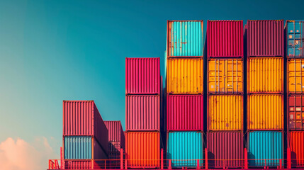Fototapeta premium A stack of shipping containers stacked high on a ship highlighting the impact of market fluctuations on cargo shipping and the potential financial risks involved.