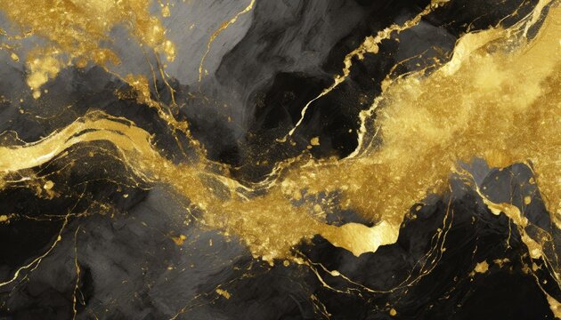 Gold abstract black marble background art paint pattern ink texture watercolor white fluid wall. Abstract liquid gold design luxury wallpaper nature black brush oil modern paper splash painting water. © Micaela