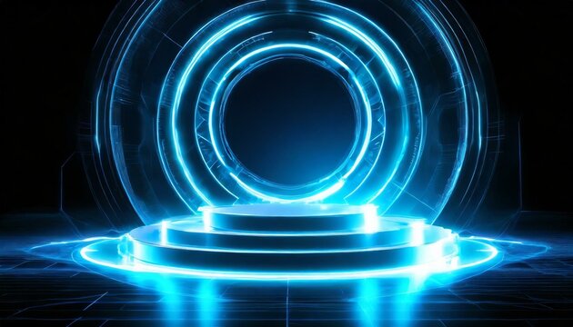 Podium light hologram tech technology background portal circle cyberpunk effect digital. Game element podium hologram light blue hud vector 3d future futuristic data concept neon vr fi abstract cyber
