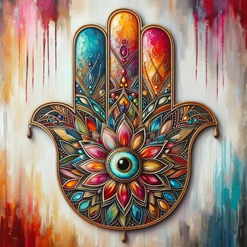 Hamsa hand painted with colored paints on a colorful background.
