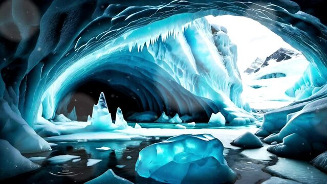 Artistic view of an ice cave in a glacier 3d rendering illustration