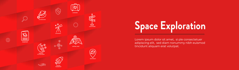 Space Travel or Tourism Web Header Banner with spaceship, telescope, and planets