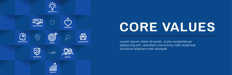 Core Values Web Header Banner with Integrity Mission and Vision Icons