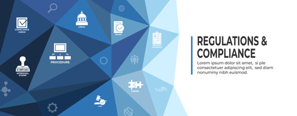 Regulations and Compliance Web Header Banner with Icon Set  - Governmental and Approval Stamp
