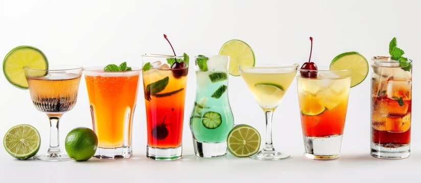 Various alcoholic beverages including blue hawaiian, mojito, tropical martini, tequila sunrise, margarita, vodka shot, with cherry, mint, and lime on a white backdrop.