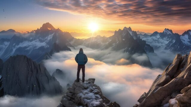 breathtaking views from mountain at stunning sun.  a man stands looking at the beautiful sunrise. seamless looping overlay 4k virtual video animation background 