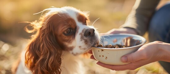 Feeding a spaniel with dog food makes dog owners happy while the small breed of dog eats, emphasizing the importance of nourishing your pet. Additionally, collage art and photo collage capture this