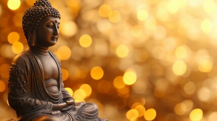 Serene Buddha Statue with Golden Bokeh Background. Generative ai