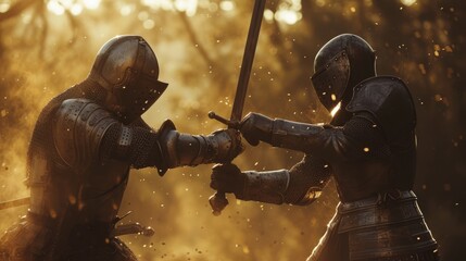 two medieval knights duelling with swords and armor outside in the rain. epic brutal wallpaper background. 16:9
