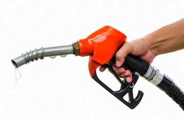 Hand with fuel gun and pouring gasoline or diesel. Backdrop with selective focus and copy space - obrazy, fototapety, plakaty