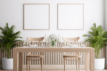 Minimal style empty picture frame made of wood hang on the wall in the dining room 3d render, There are white wall, Decorated wall with wooden slatted skirt, furnished with wooden table - obrazy, fototapety, plakaty