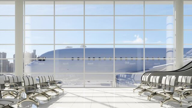 Modern style empty airport terminal lounge with city view background 3d render, There are large window overlooking passing airplanes.