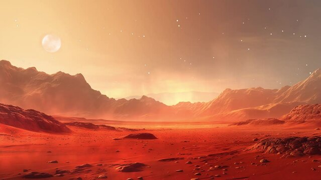 red planet with arid landscape rocky hills and mount. seamless looping overlay 4k virtual video animation background 