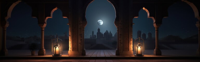 Panoramic mosque scene at night, with the theme of the month of Ramadan and Islamic holidays.