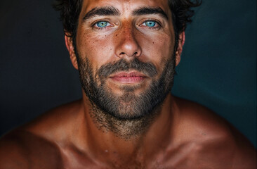portrait of a surfer with piercing eyes and a stubby beard