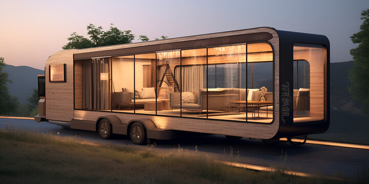 wooden old tiny house with wheels for movement Motorhome of a beautiful Transportation with futuristic design