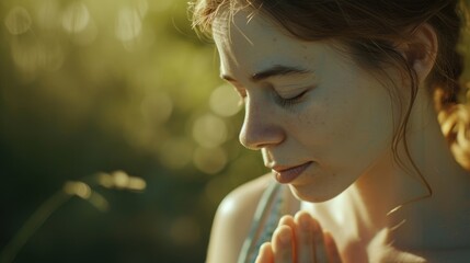 A woman looking down at her hands lost in deep contemplation.