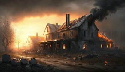 Houses in the village were destroyed and burnt during the war as a result AI Generation