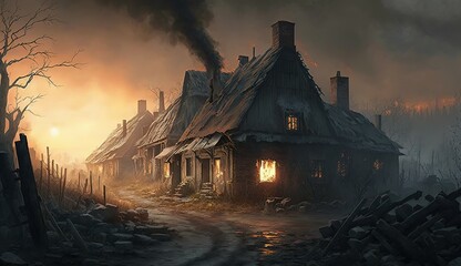 Houses in the village were destroyed and burnt during the war as a result AI Generation