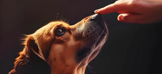 dog looking up pointing at his owner