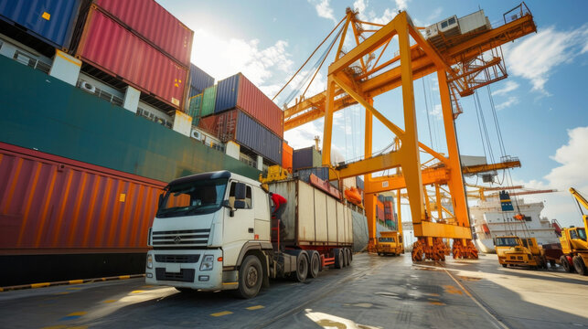 A group of workers loading containers onto a truck which is parked beside a cargo ship at a port highlighting the coordination and teamwork required for successful intermodal